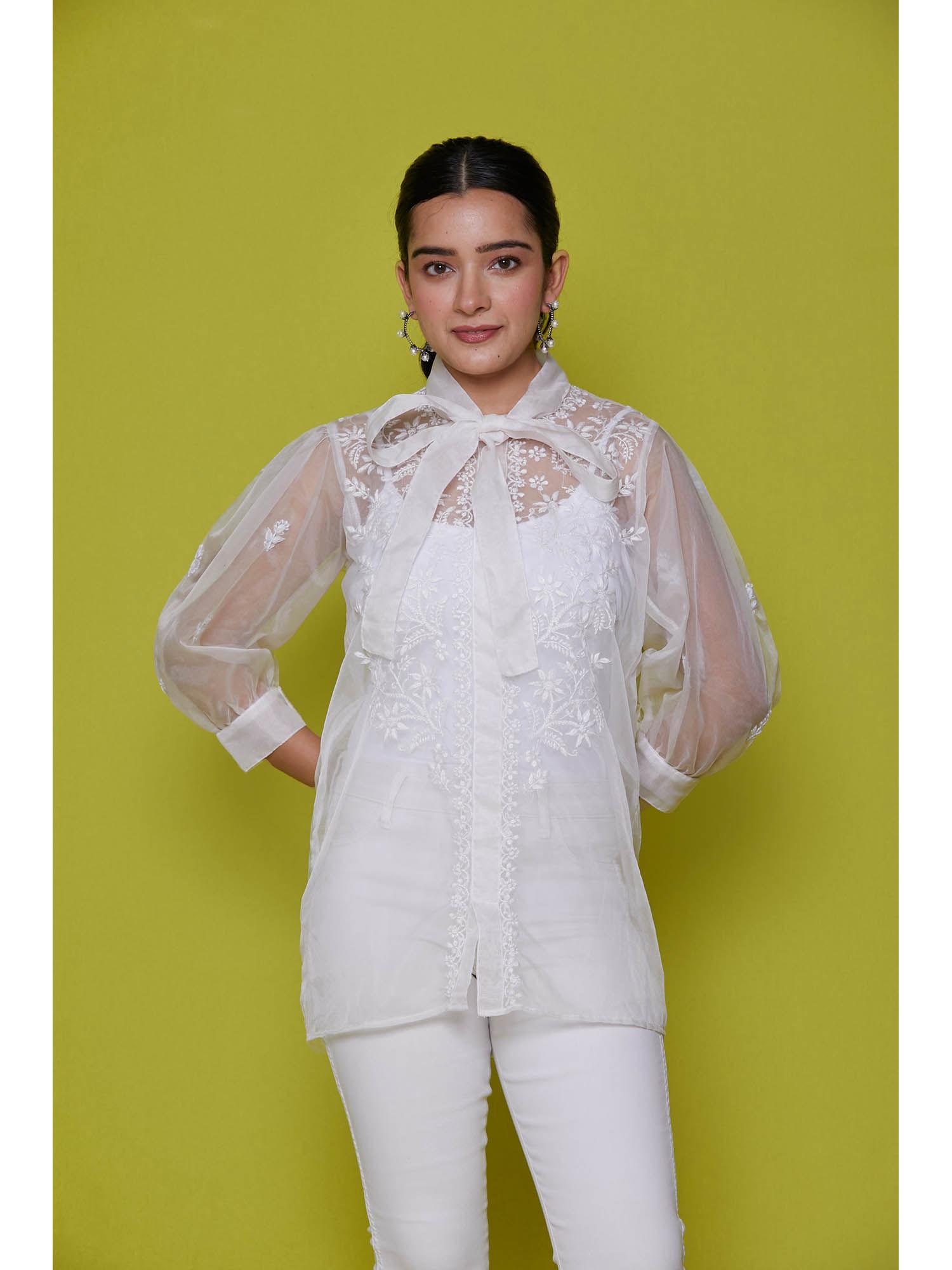 organza chikankari womens shirt-white