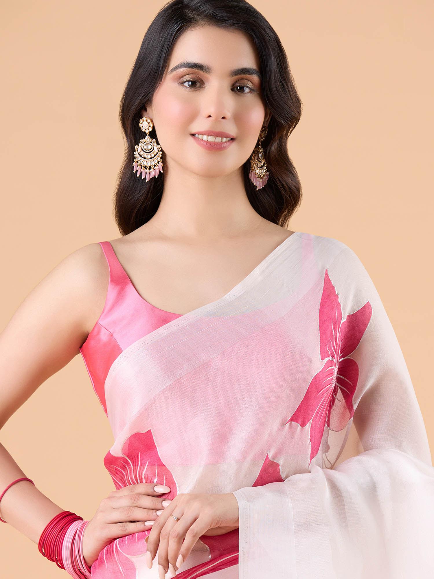 organza floral printed party saree and unstitched blouse