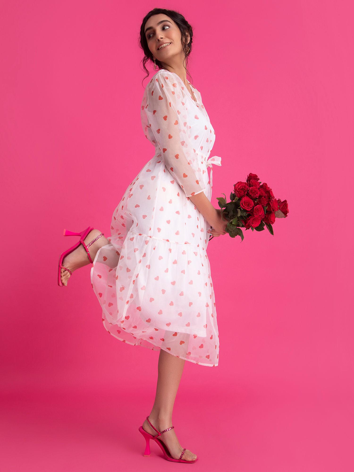 organza heart print tier dress - white and red