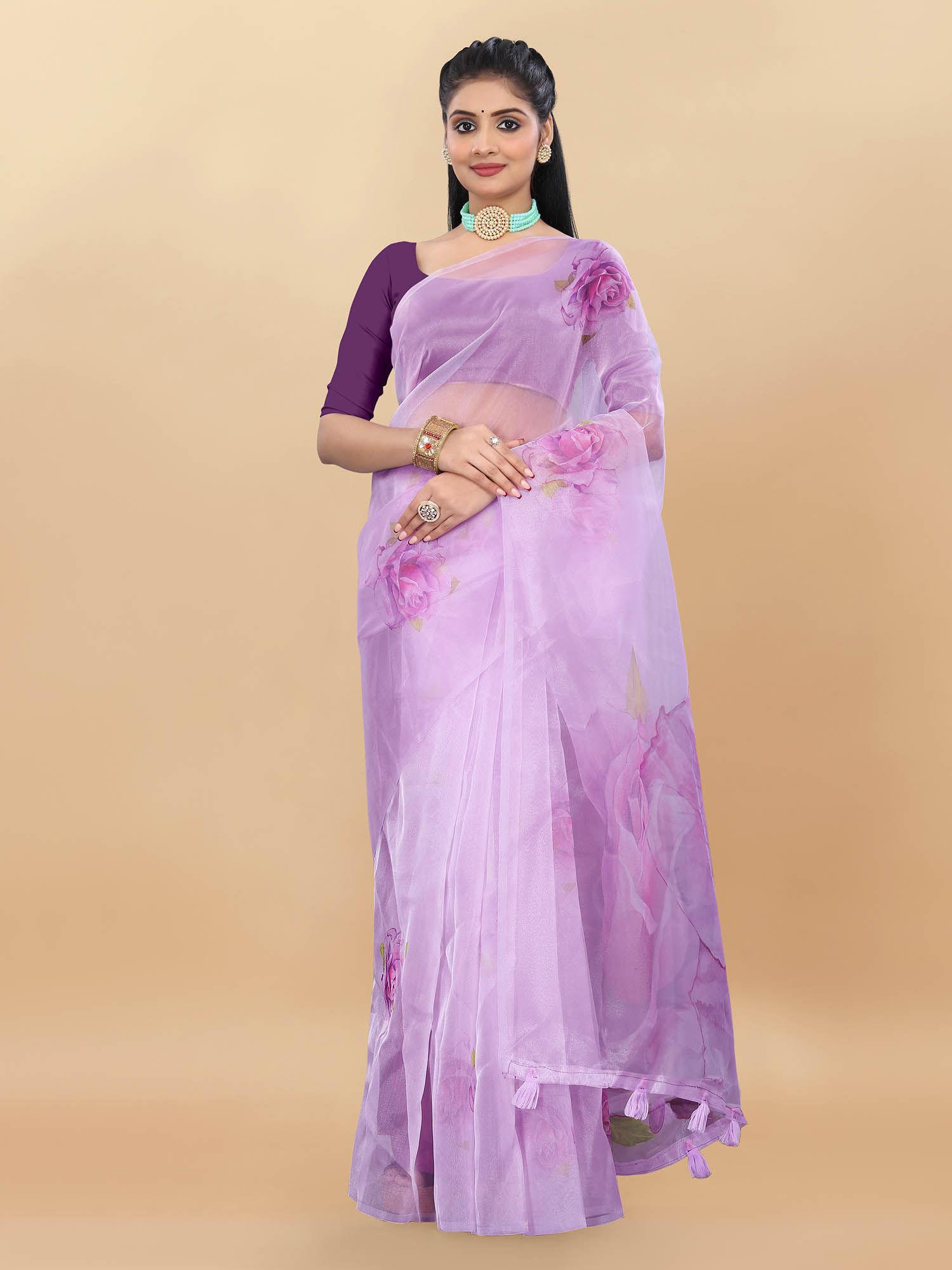 organza printed lilac saree with unstitched blouse likpfsar09