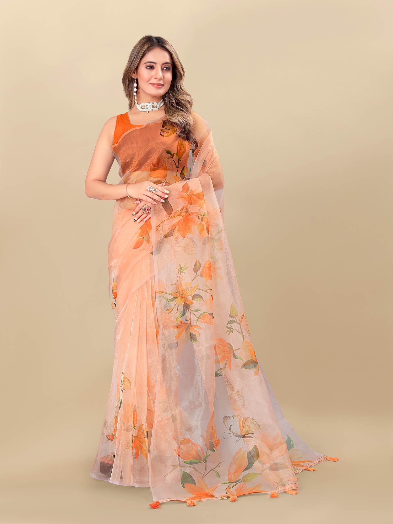 organza printed peach saree with unstitched blouse likpfsar09