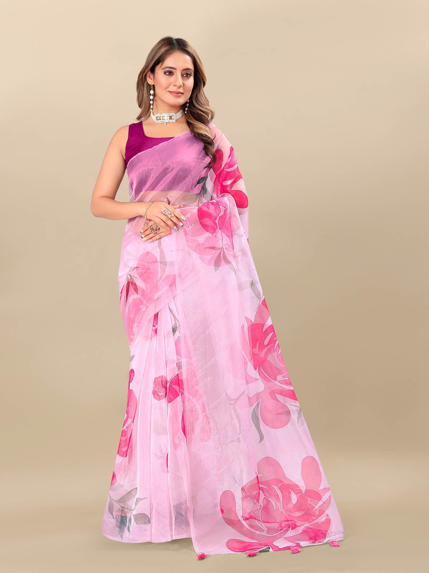 organza printed pink saree with unstitched blouse likpfsar09