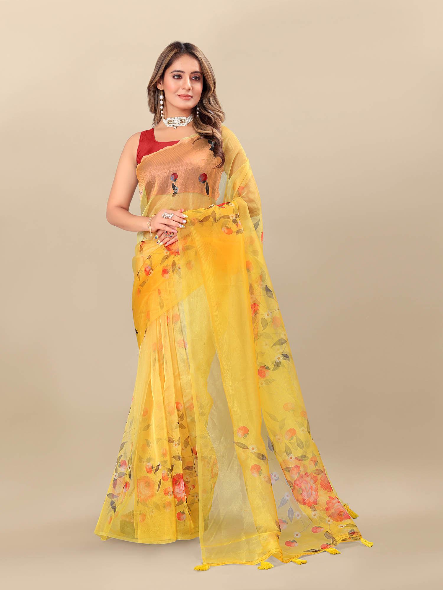 organza printed yellow saree with unstitched blouse likpfsar09