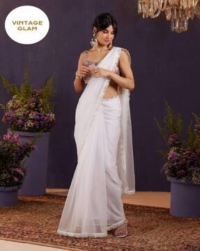 organza saree with burberry-inspired stripes, swarovski stones & beaded lace border (art silk blouse included, 5.5m) saree