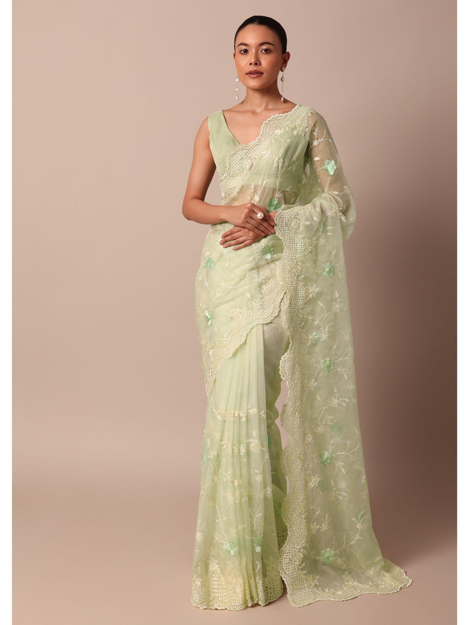 organza silk resham floral jaal green chikankari saree with unstitched blouse piece