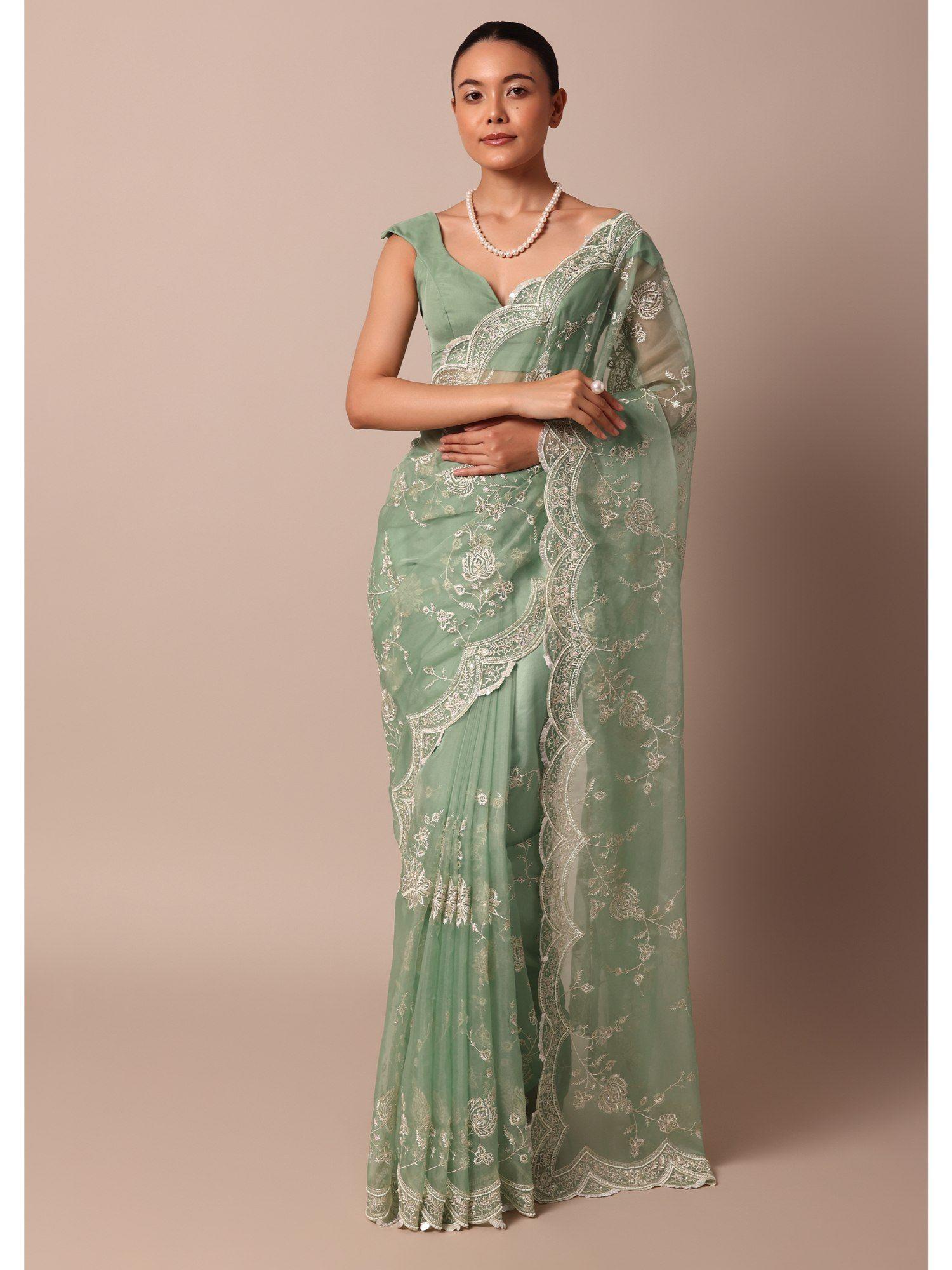 organza silk sequin scallop border green chikankari saree with unstitched blouse piece