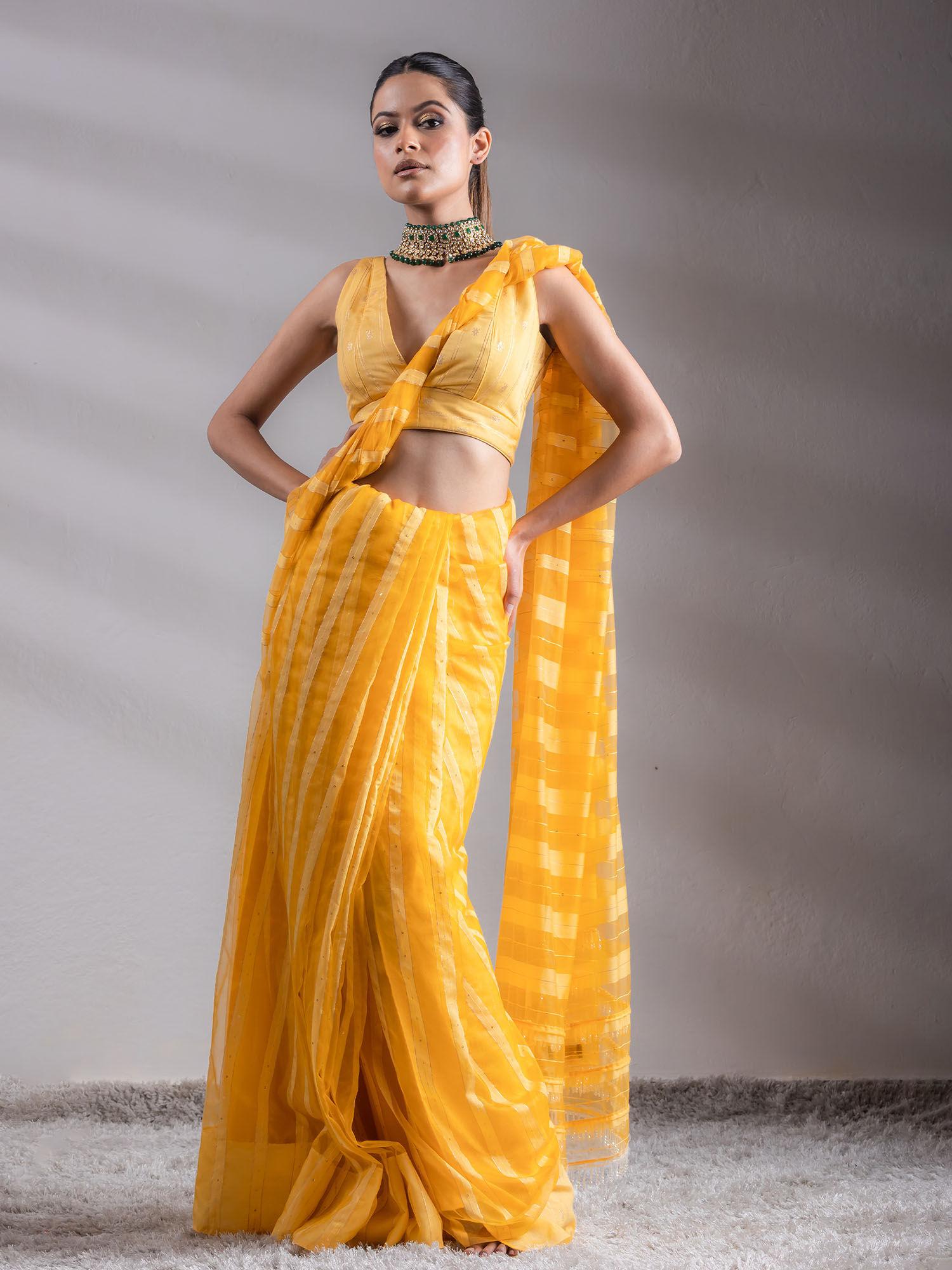 organza yellow hide & seek stripes saree with unstitched blouse fabric