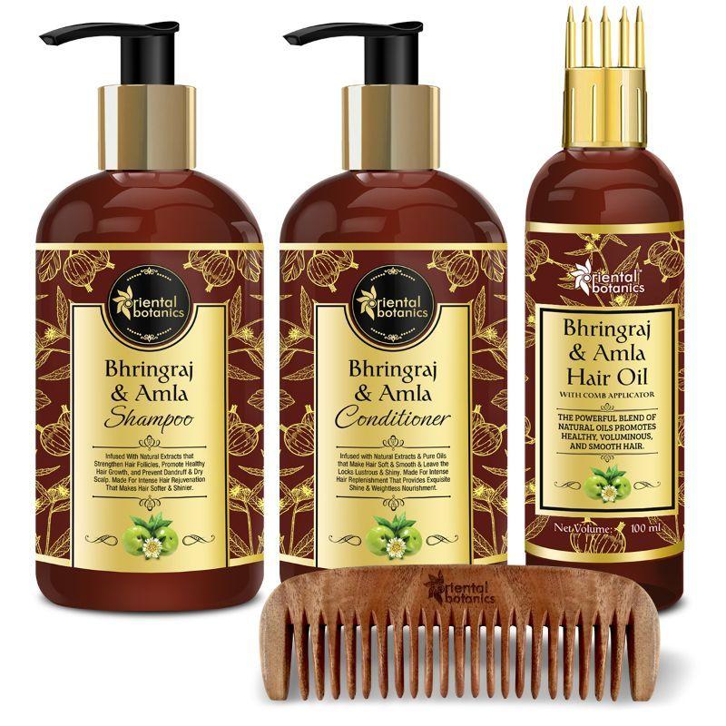 oriental botanics bhringraj & amla hair shampoo + conditioner + hair oil + neem comb