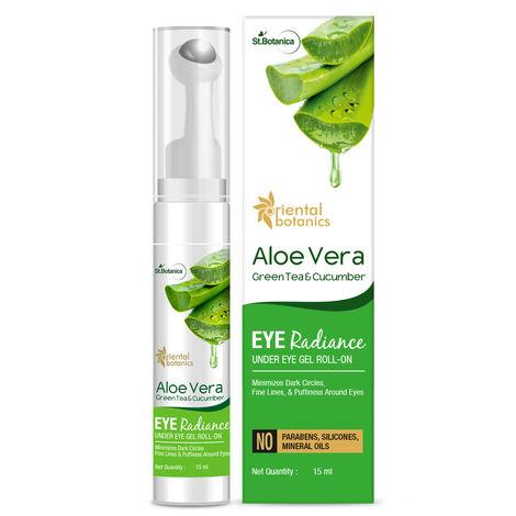 oriental botanics aloe vera, green tea & cucumber eye radiance under eye gel roller to reduce dark circles, puffiness and fine lines (15 ml)