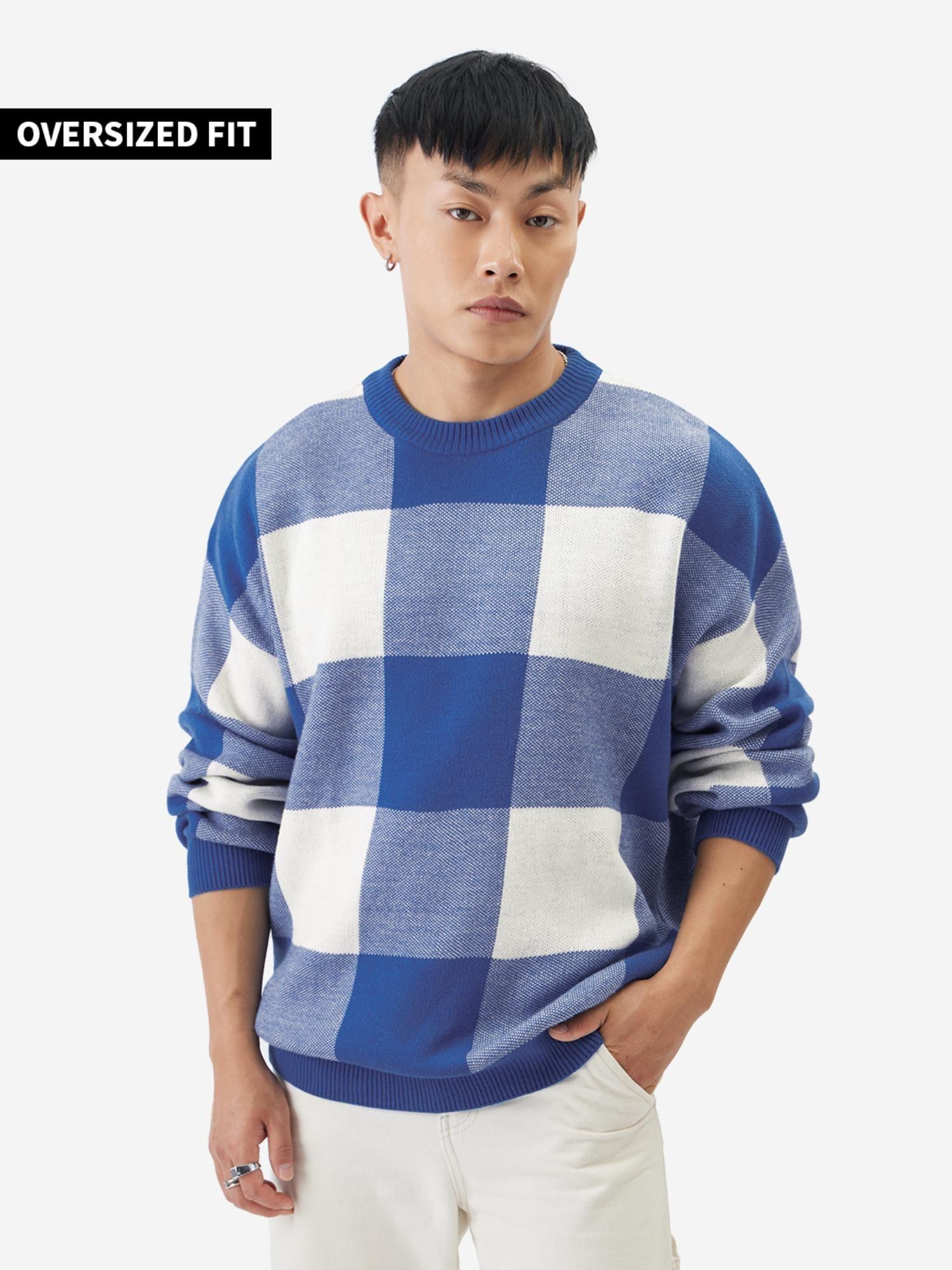 original blue checks men oversized pullover sweatshirt