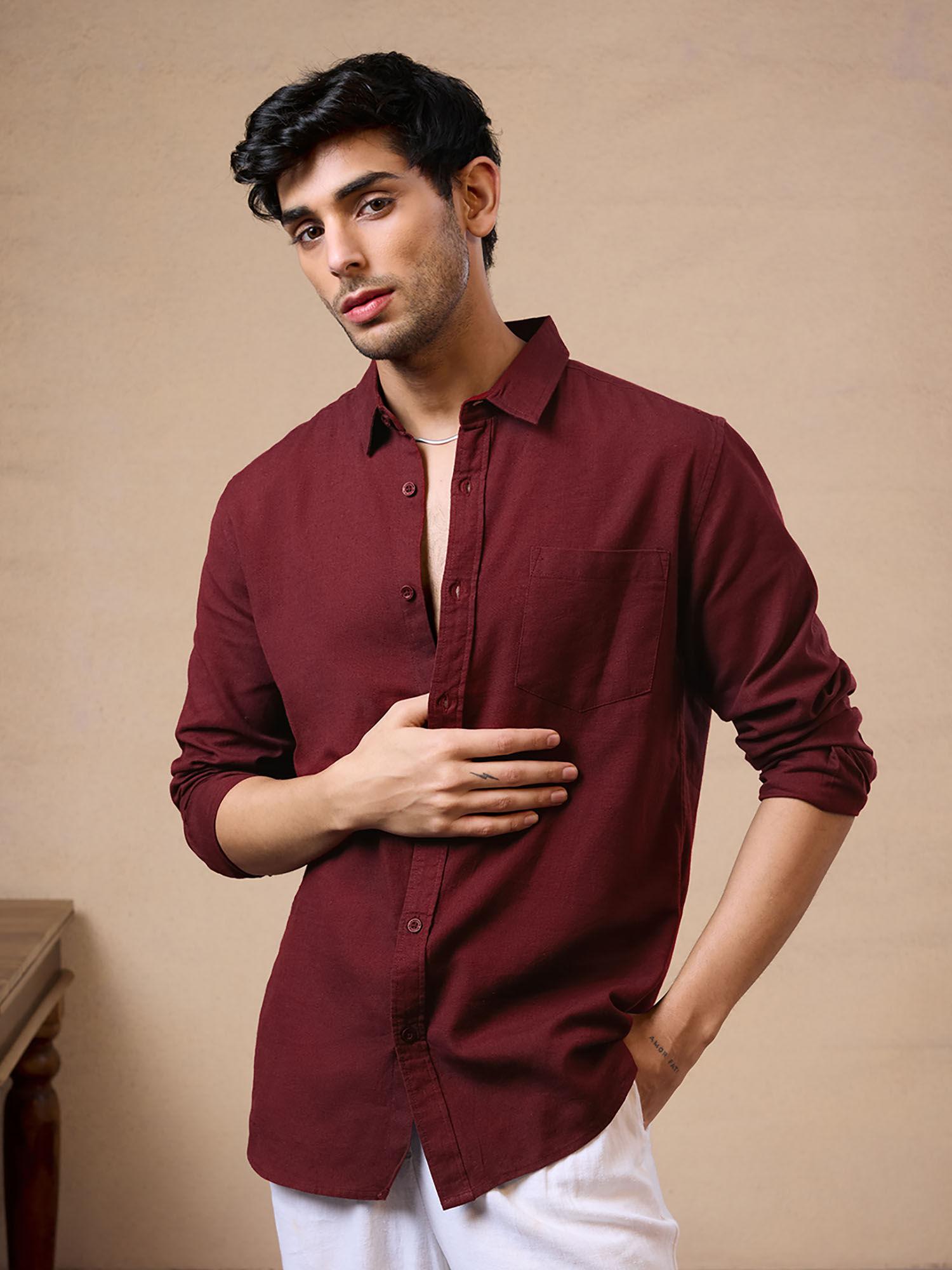 original linen : maroon cotton linen shirts