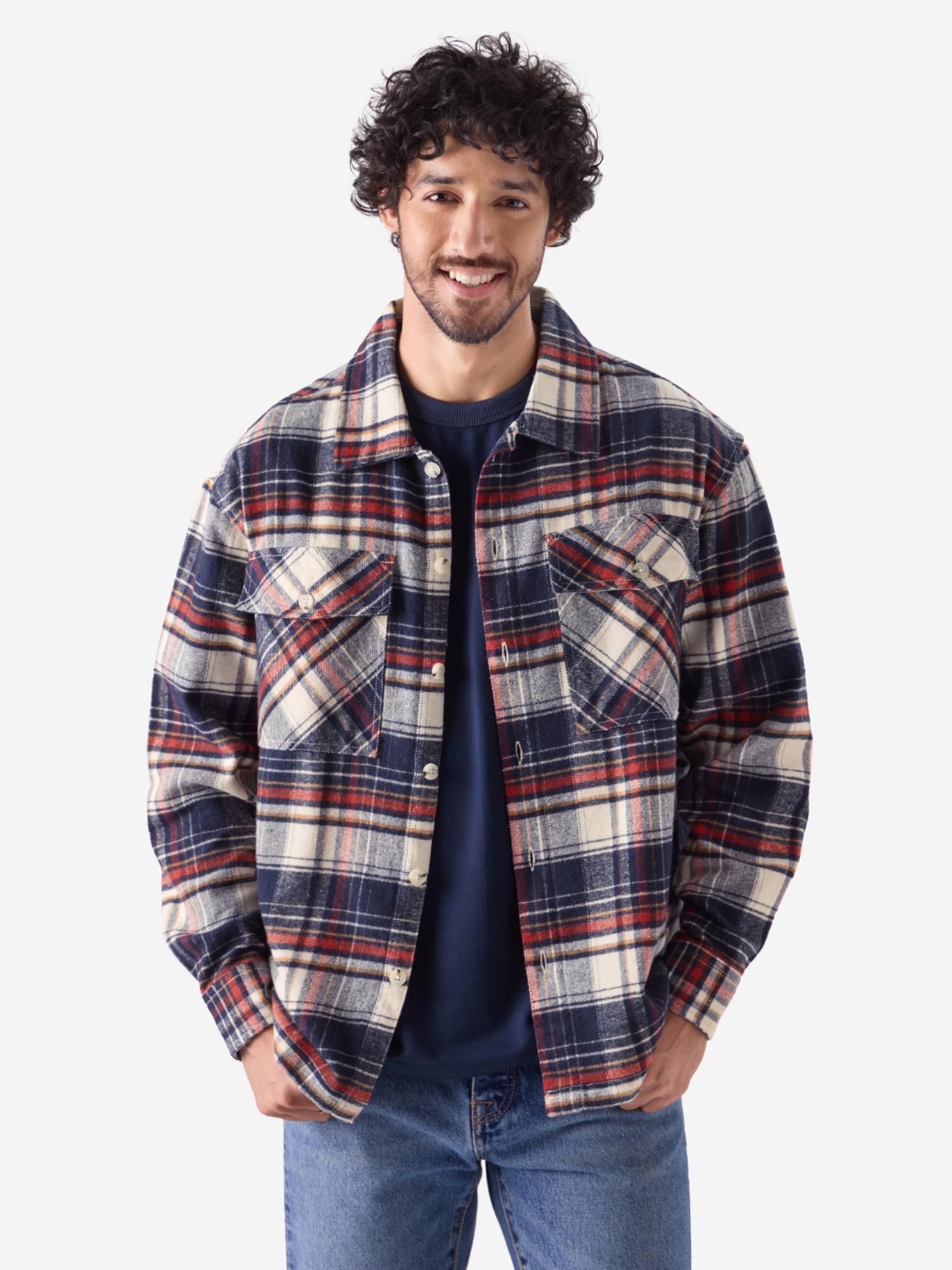 original plaid: red, white and black men shacket