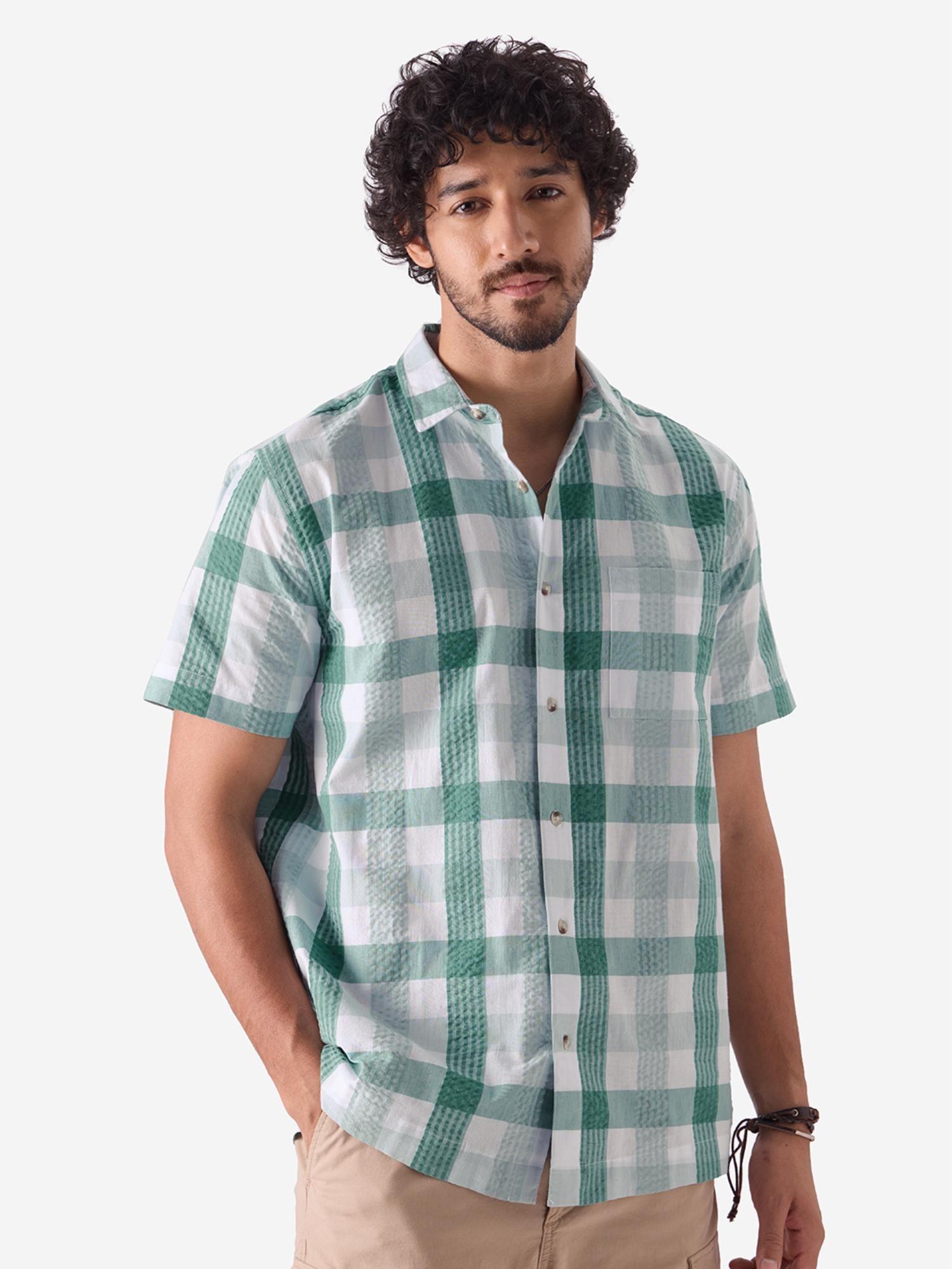 original plaid: white and green men half sleeve shirt