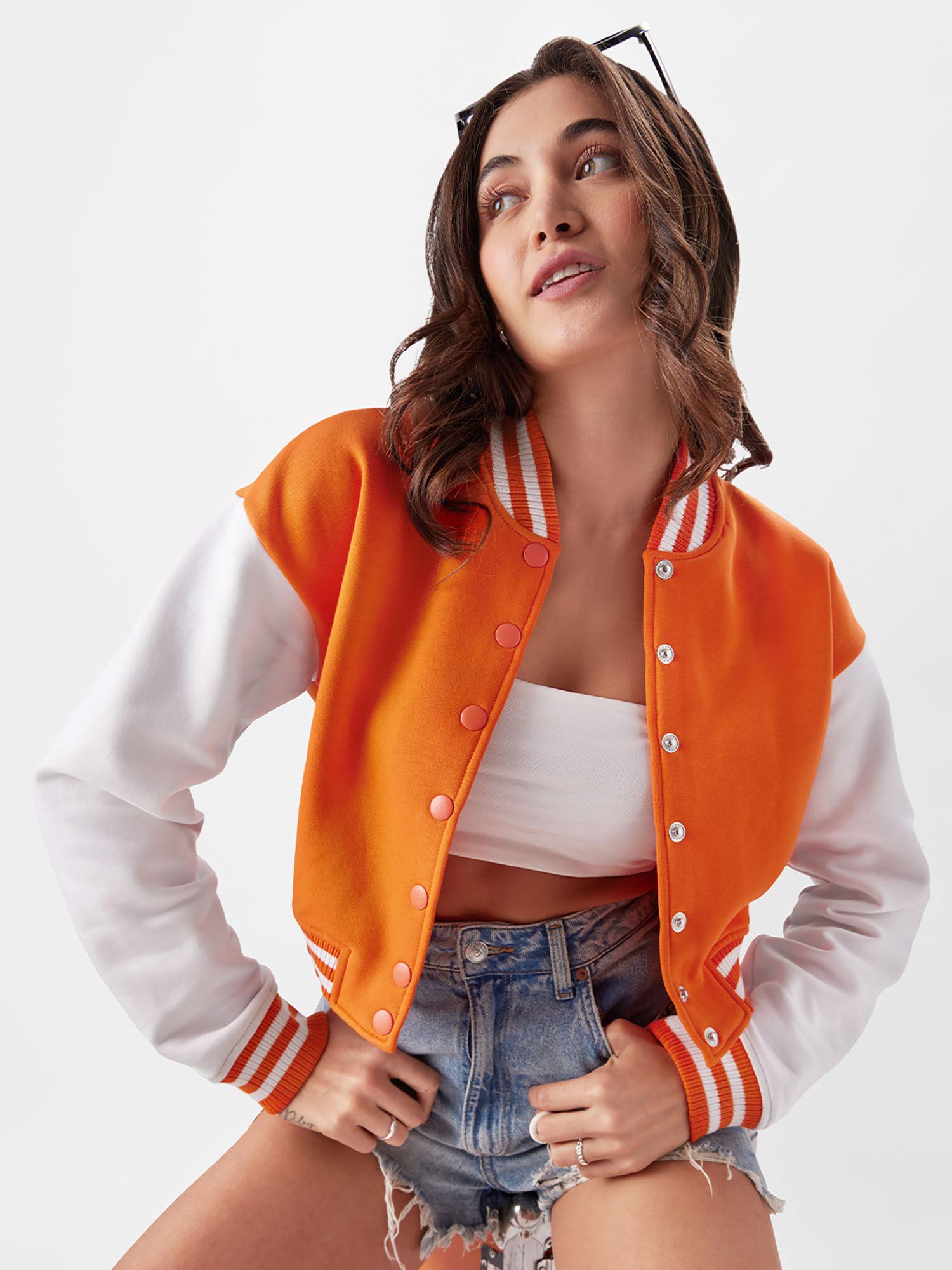 original solid blazing orange, white women varsity jacket