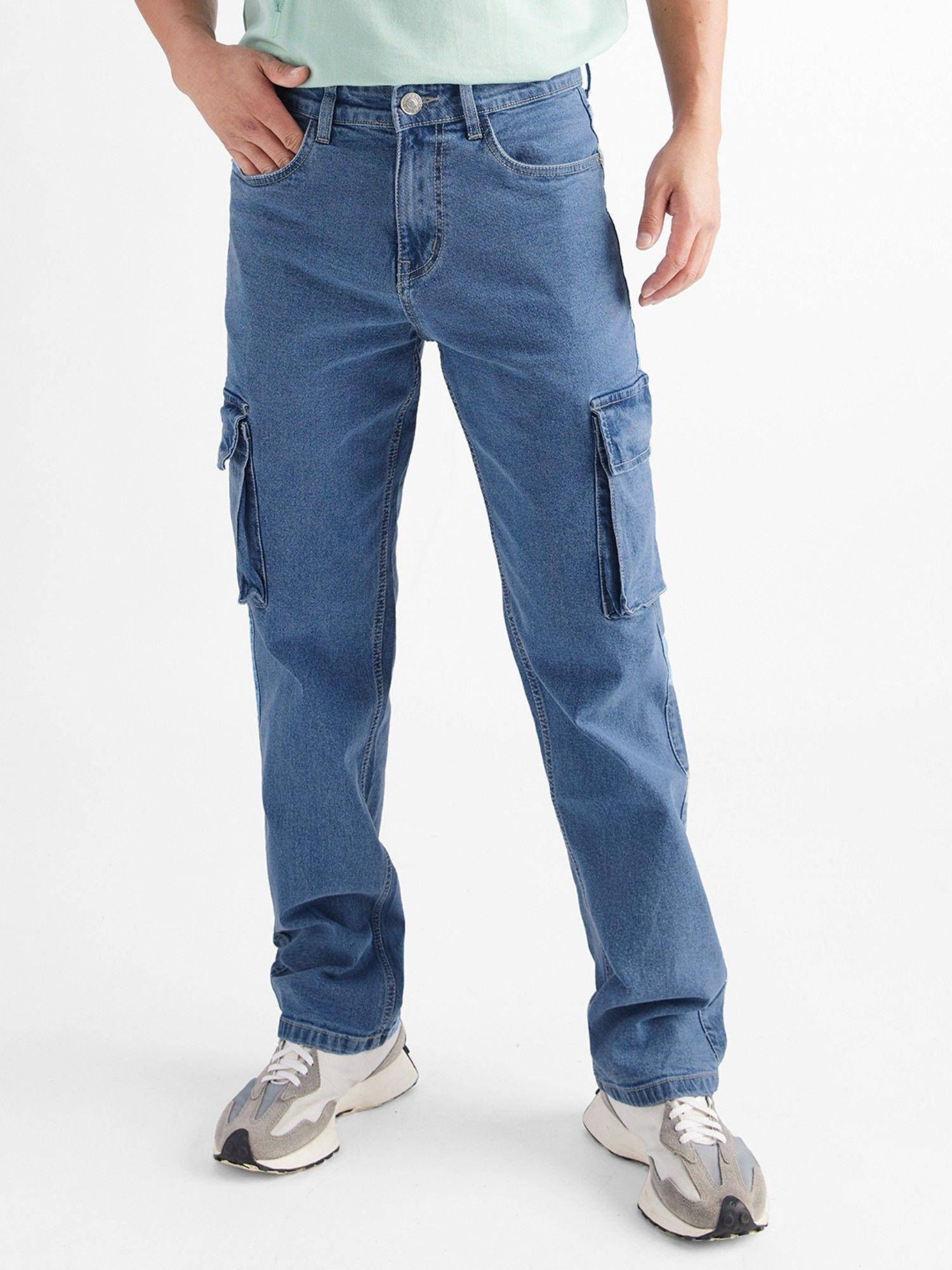 original solids: mid blue men cargo jeans for mens