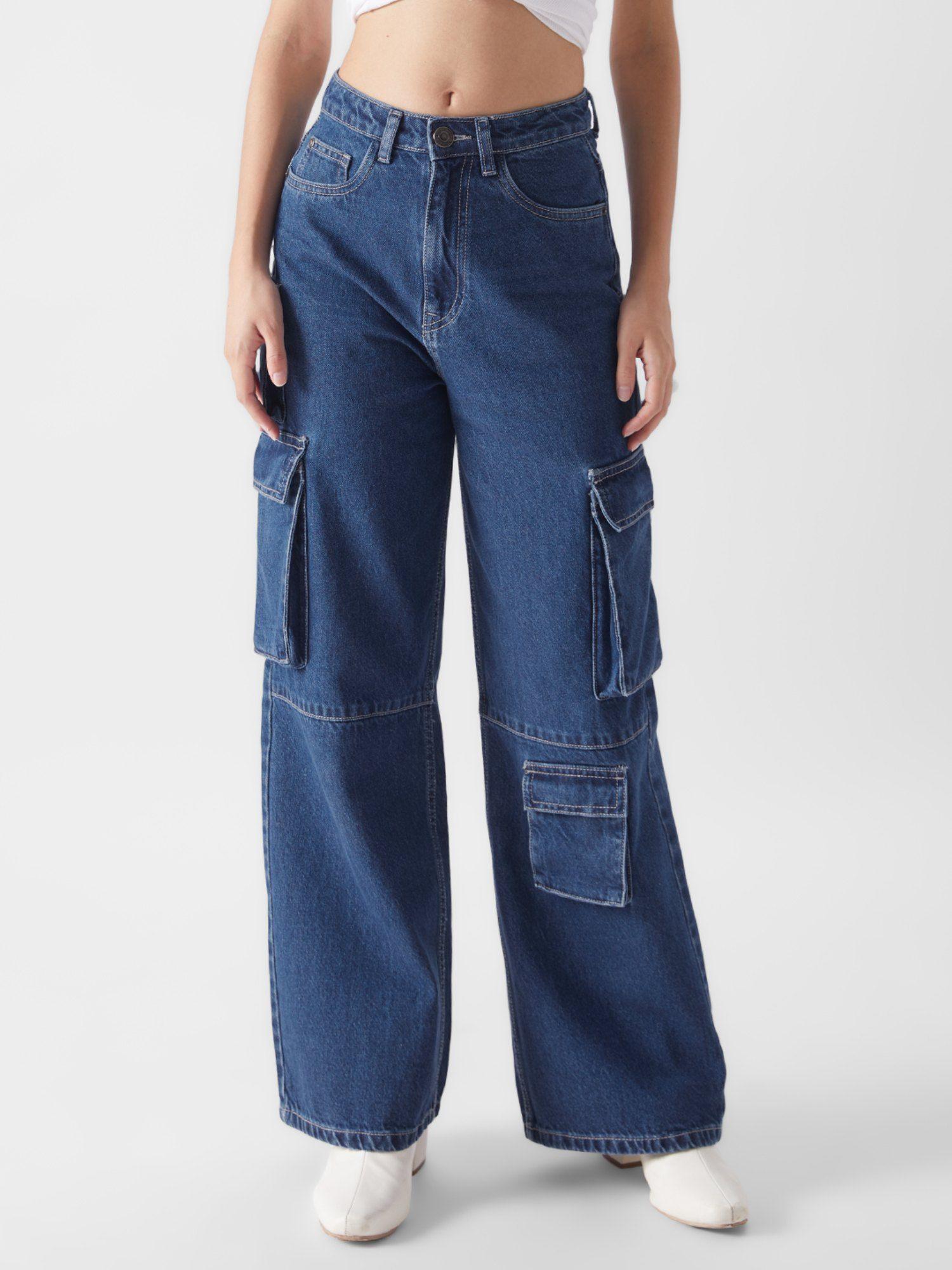 original solids: mid blue straight fit cargo jeans for womens