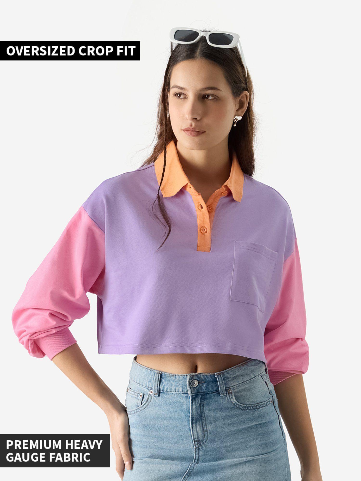 original solids lavender & pink colourblock women rugby polo t-shirt