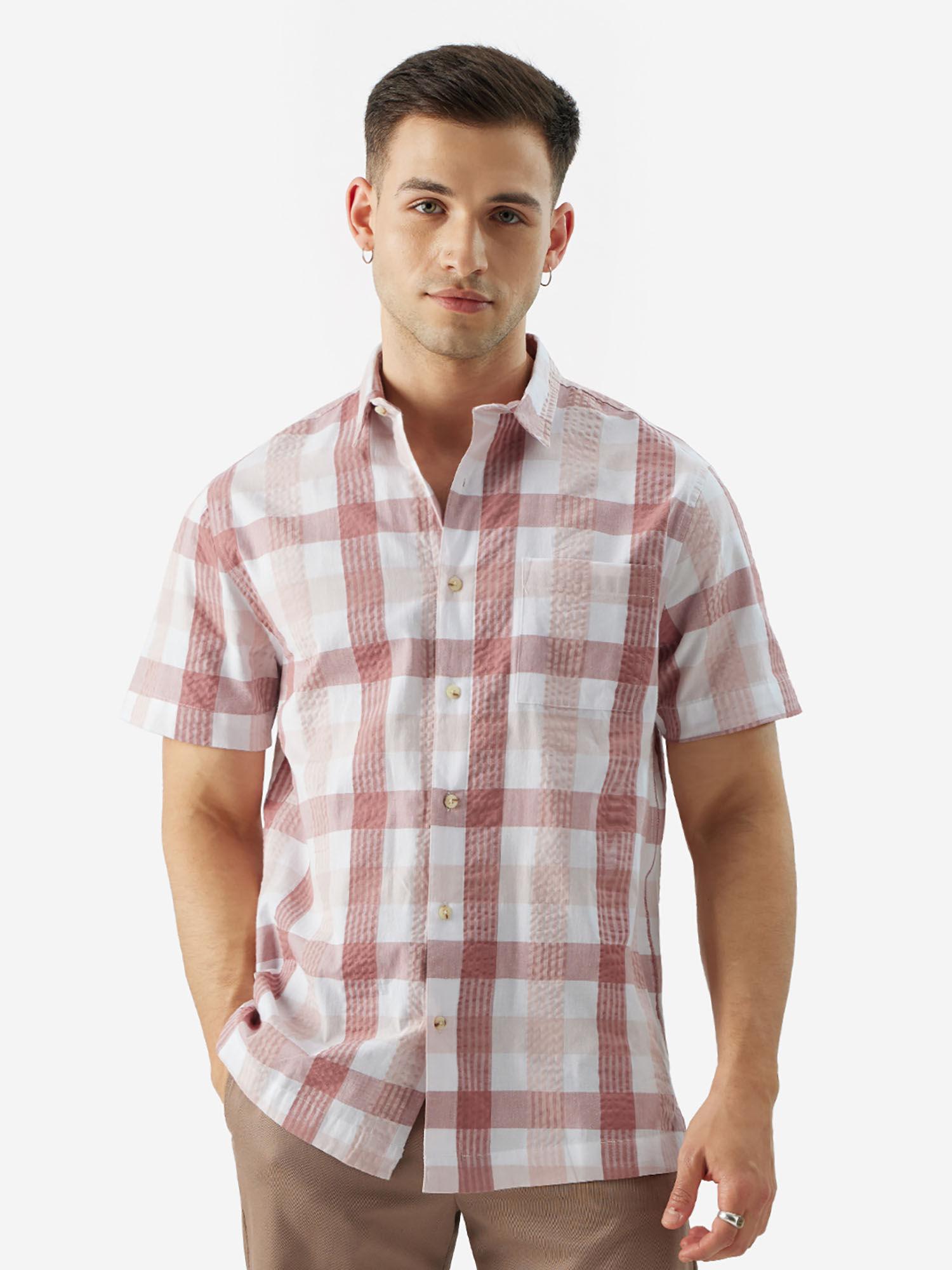 originals plaid: pink and white men half sleeve shirt