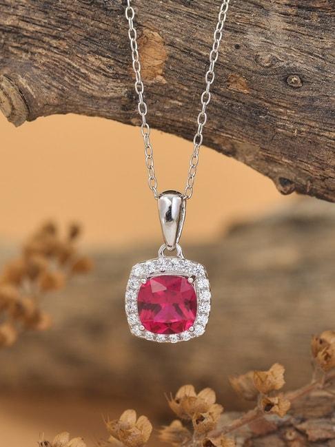 ornate jewels 92.5 sterling silver cushion cut red ruby american diamond halo pendant with chain
