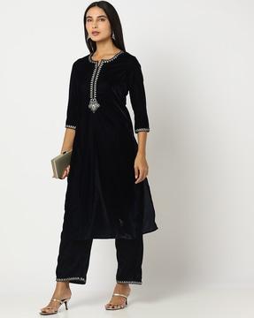 ornate yoke embroidered velvet suit set