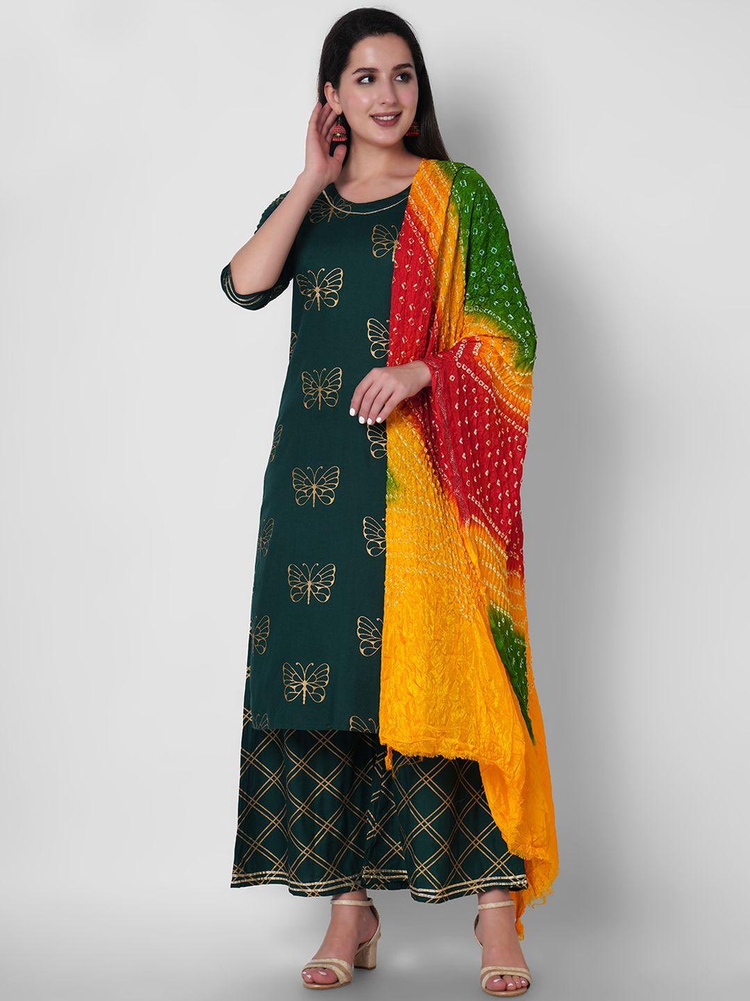 ortange women green ethnic motifs printed kurta with palazzos & with dupatta