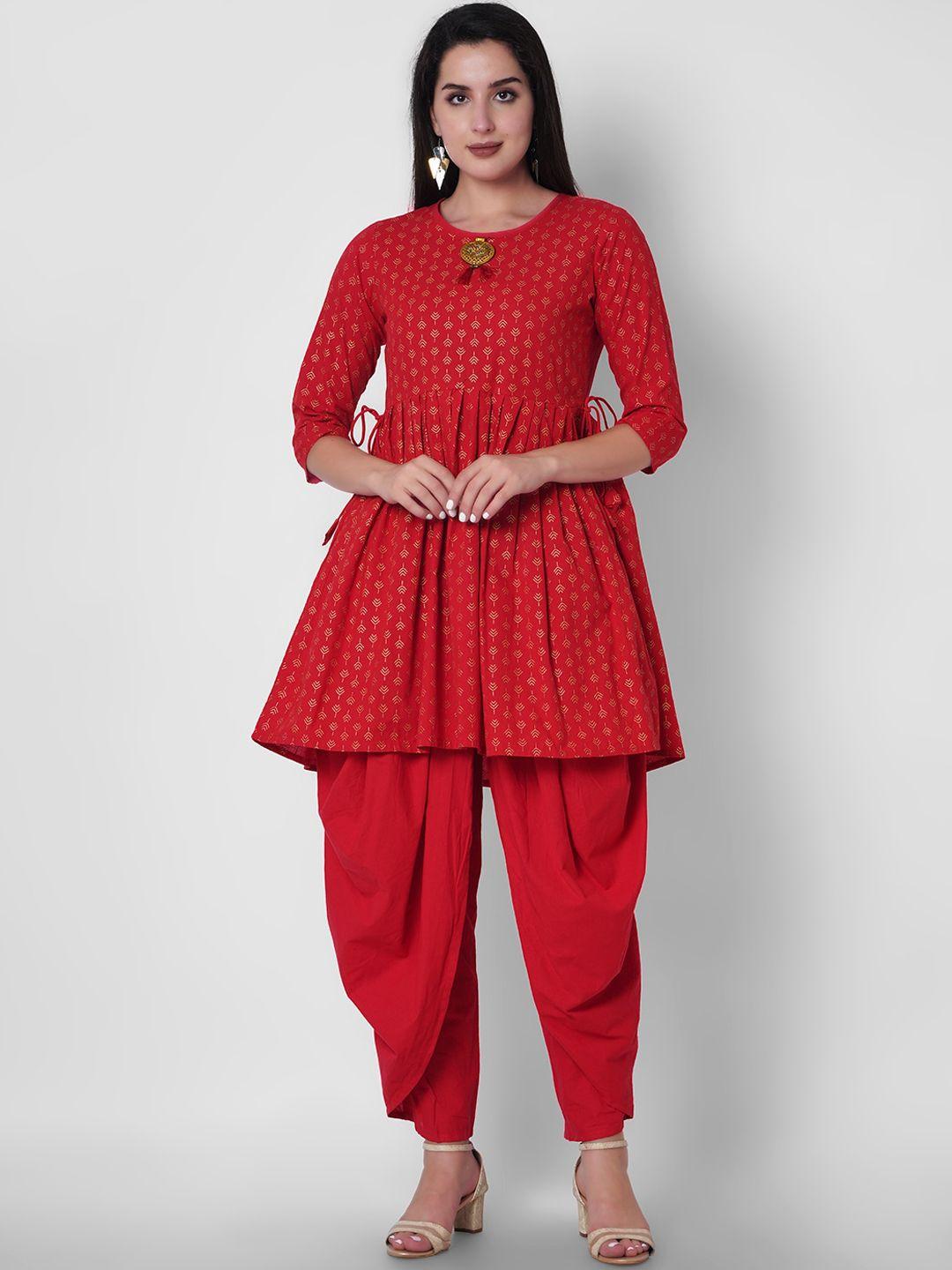 ortange women red ethnic motifs printed kurta with dhoti pants