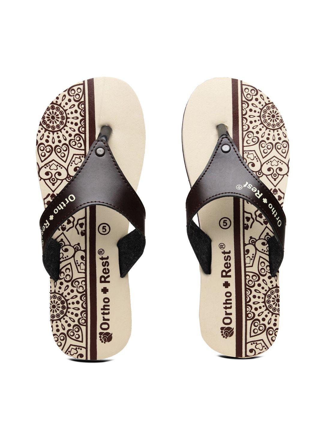 ortho rest women cream-coloured & brown printed thong flip-flops