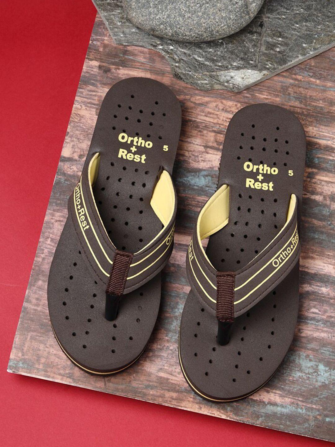 ortho rest women brown & yellow printed rubber thong flip-flops