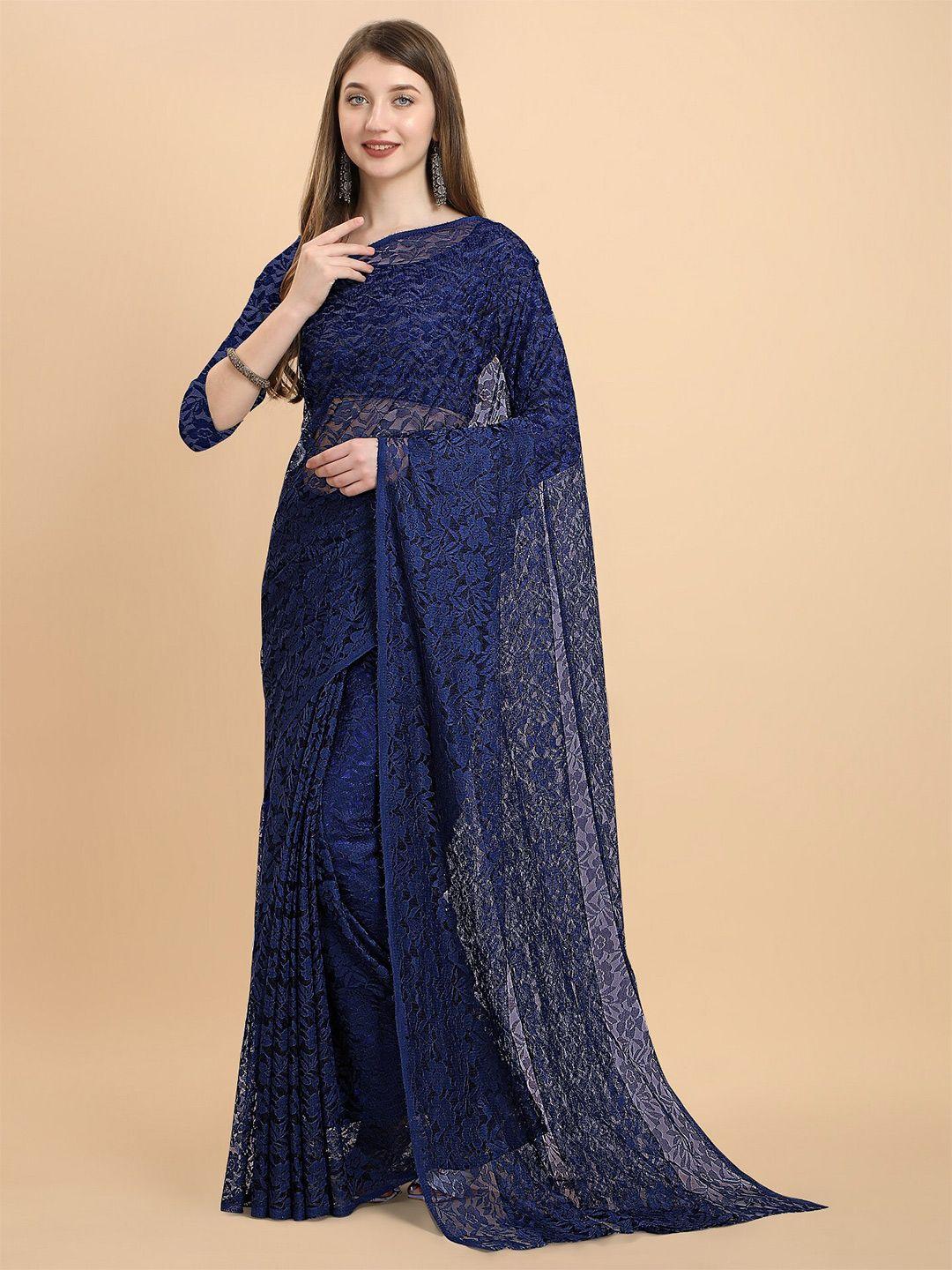 orus bollywood fashion navy blue woven design net saree