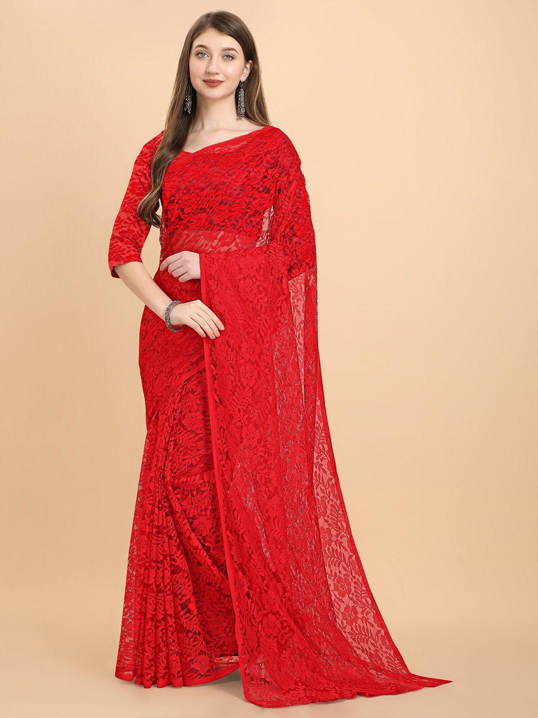 orus red floral net party wear saree