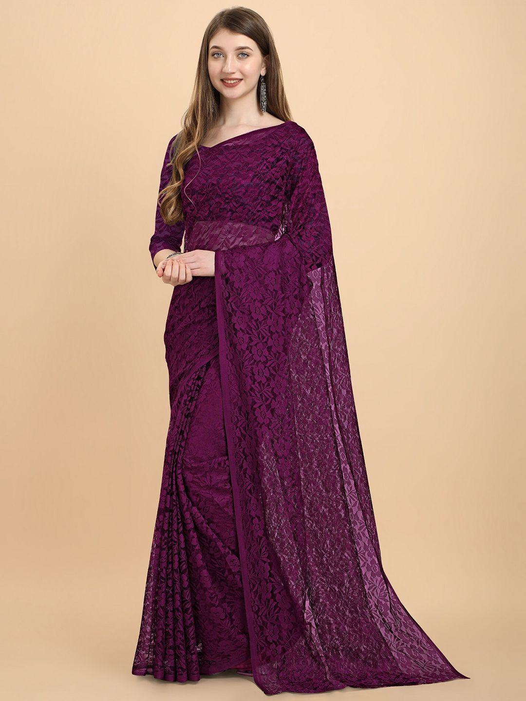 orus  bollywood fashion purple floral woven design net saree