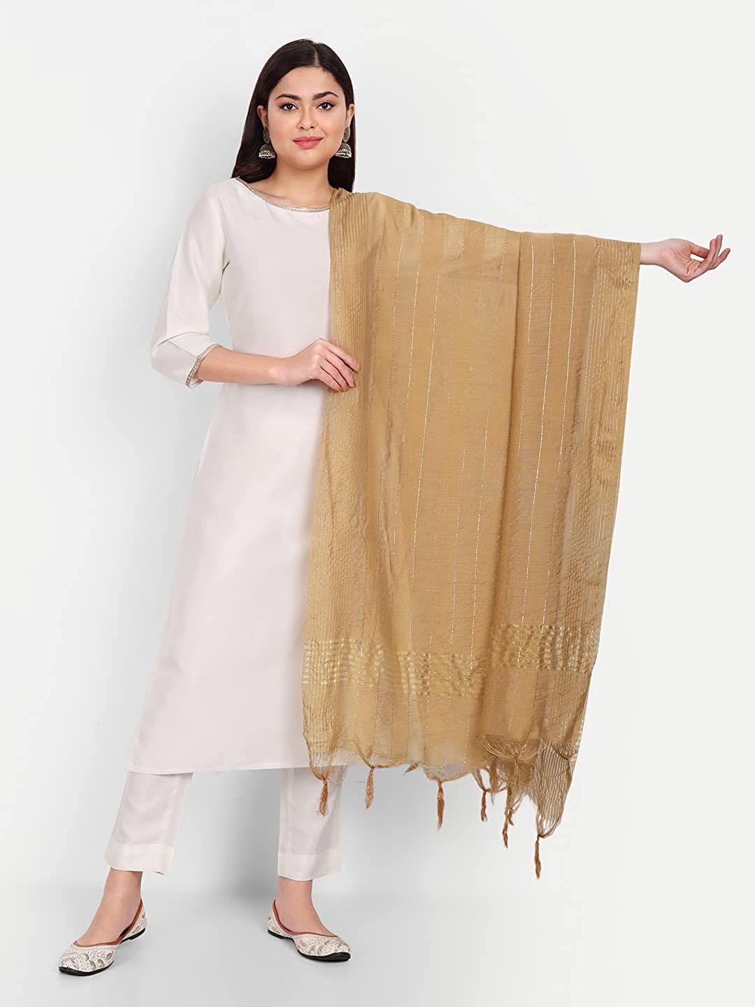 orus beige & gold-toned striped dupatta