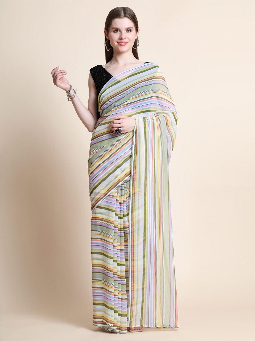 orus cream-coloured & purple striped pure georgette saree