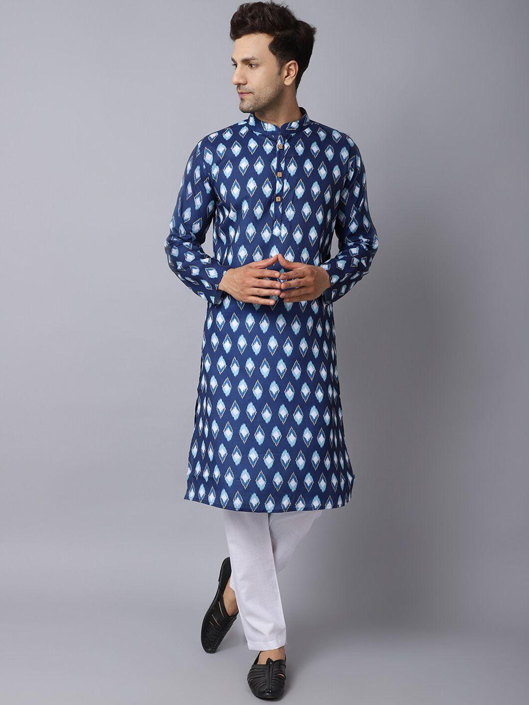 orus men blue printed pure cotton kurta with pyjamas