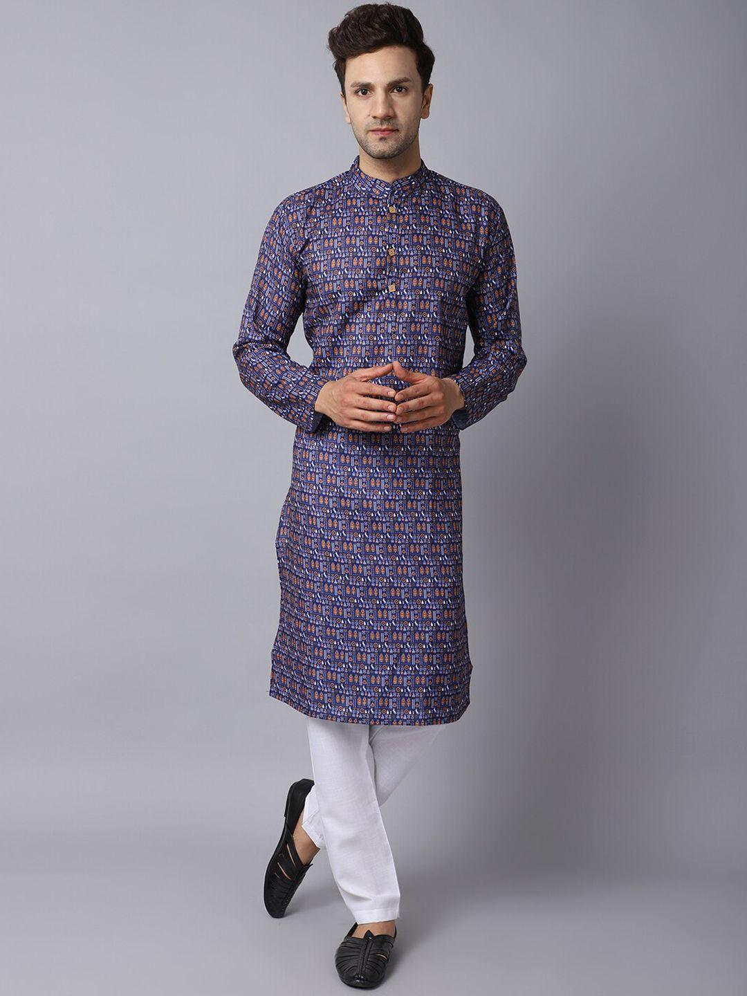 orus men blue printed pure cotton kurta with pyjamas