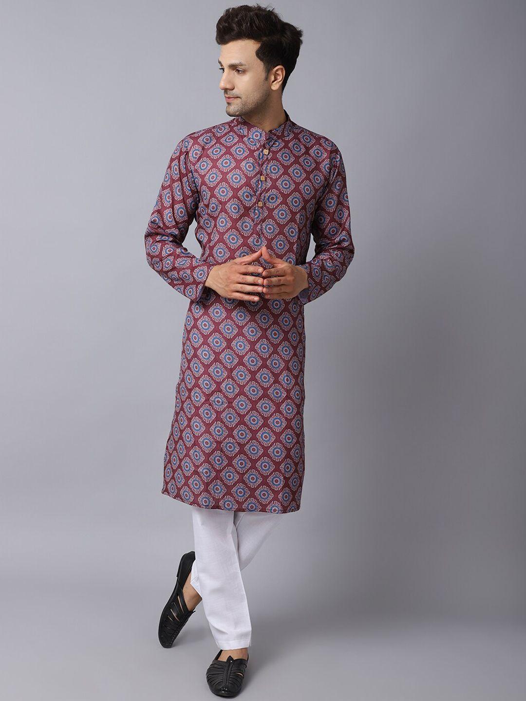 orus men maroon ethnic motifs printed pure cotton kurta with pyjamas