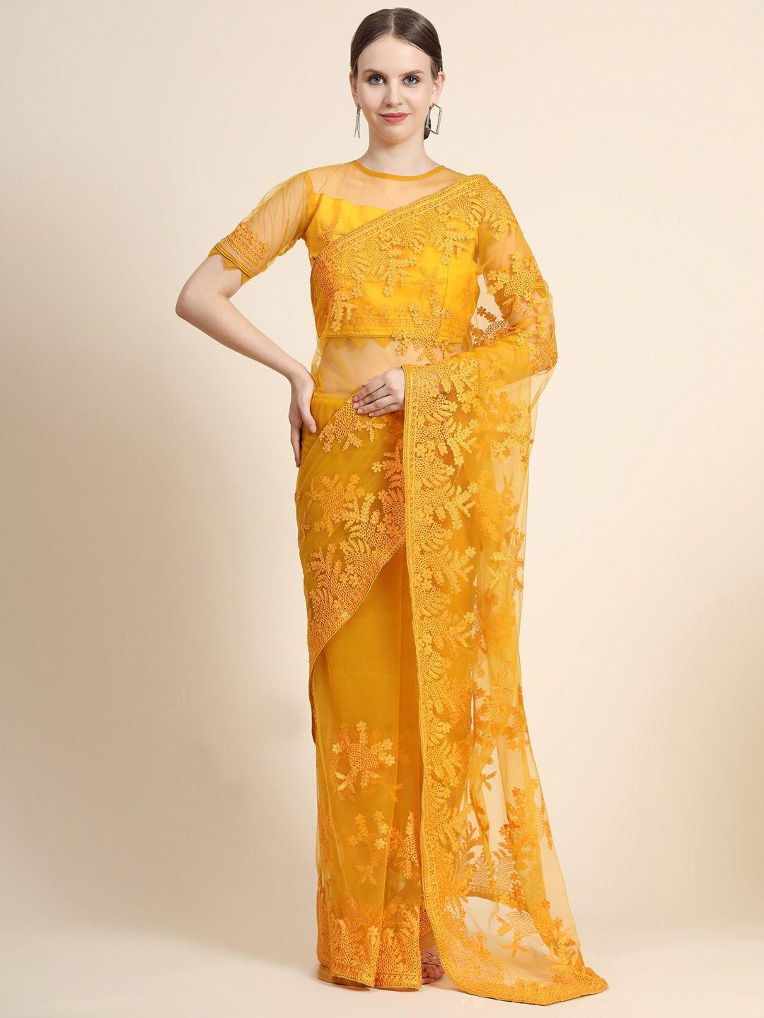 orus mustard floral embroidered net heavy work saree with blouse piece