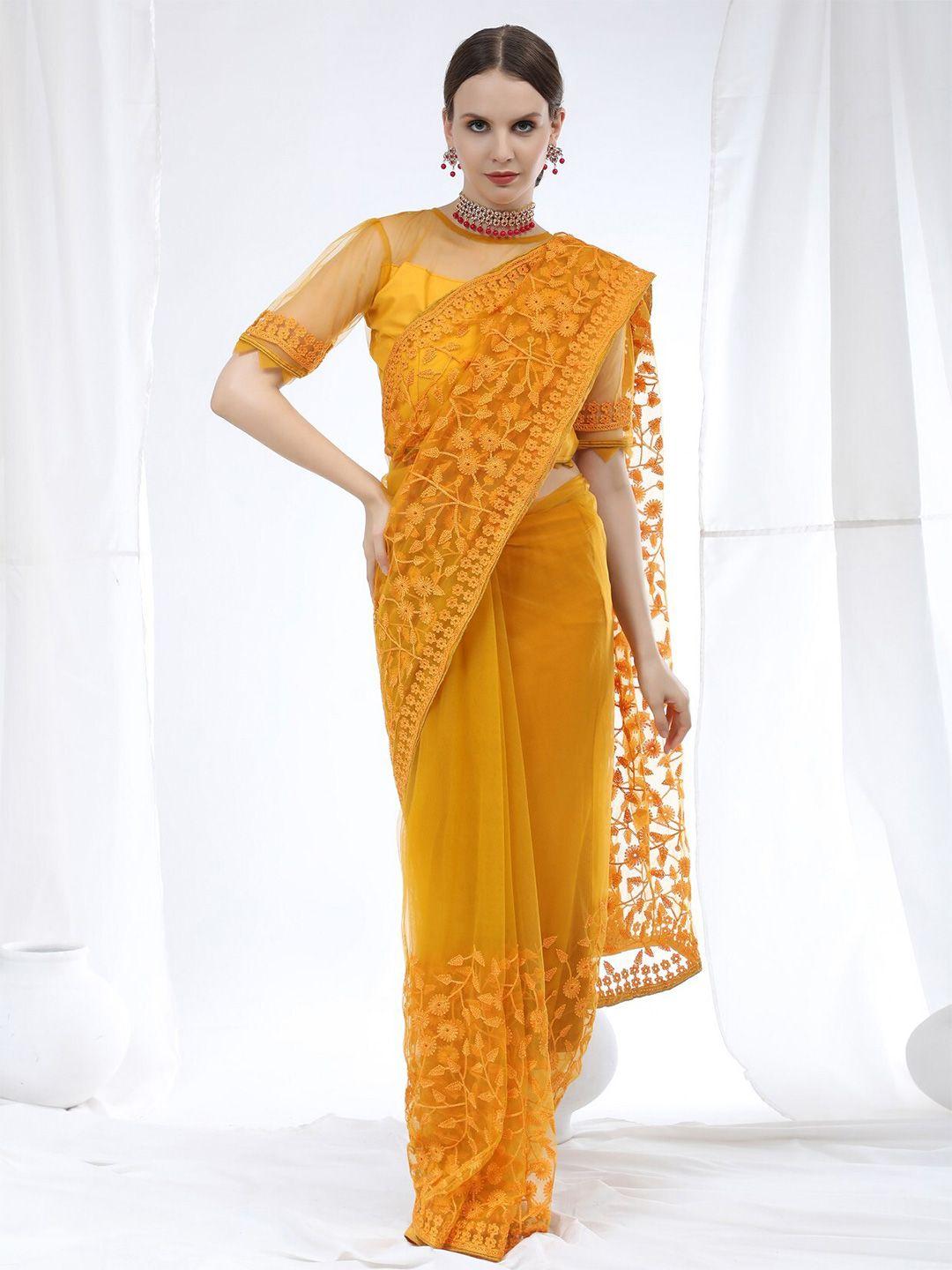 orus mustard floral embroidered net saree