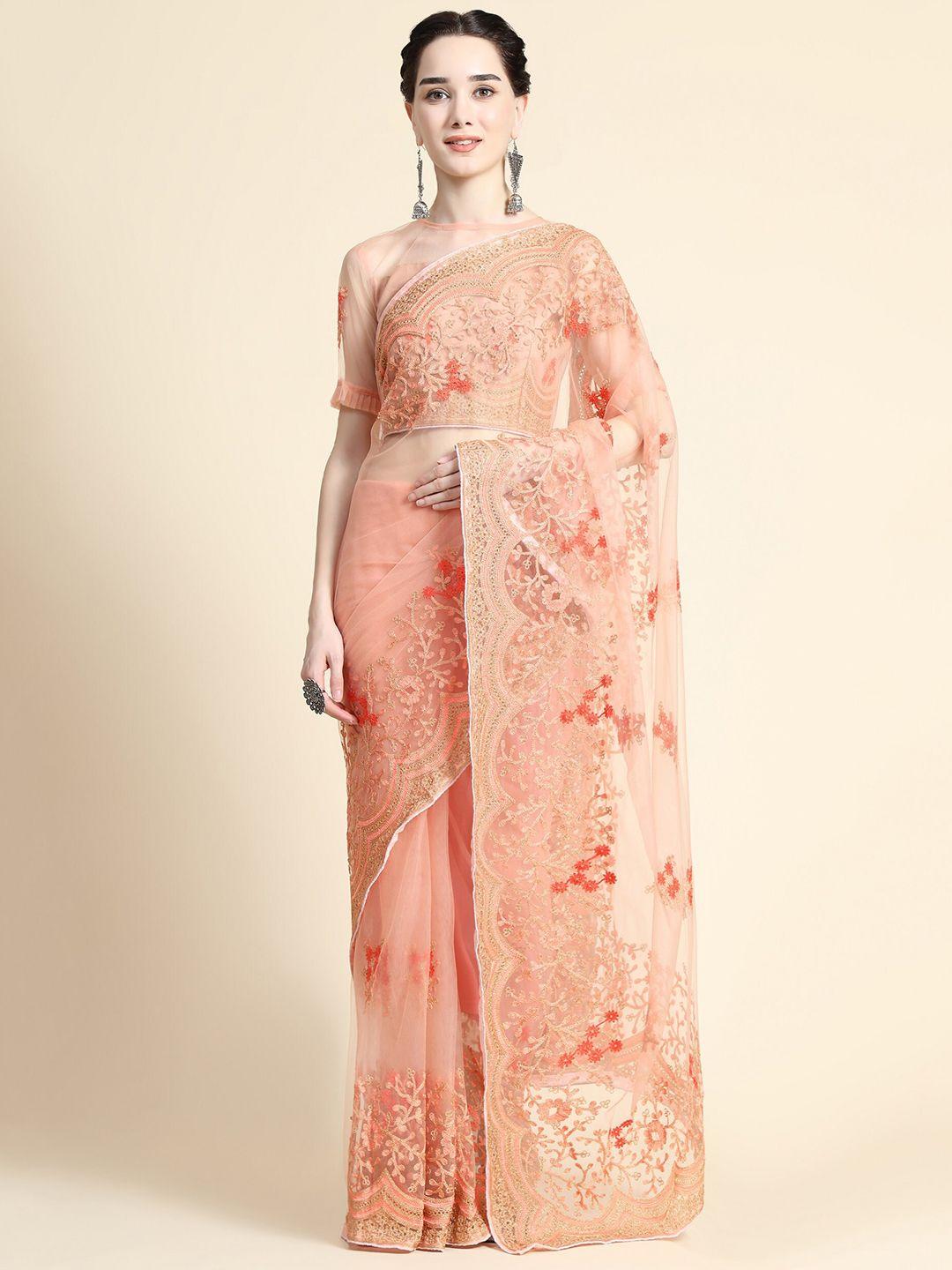 orus orange & gold-toned floral embroidered net saree