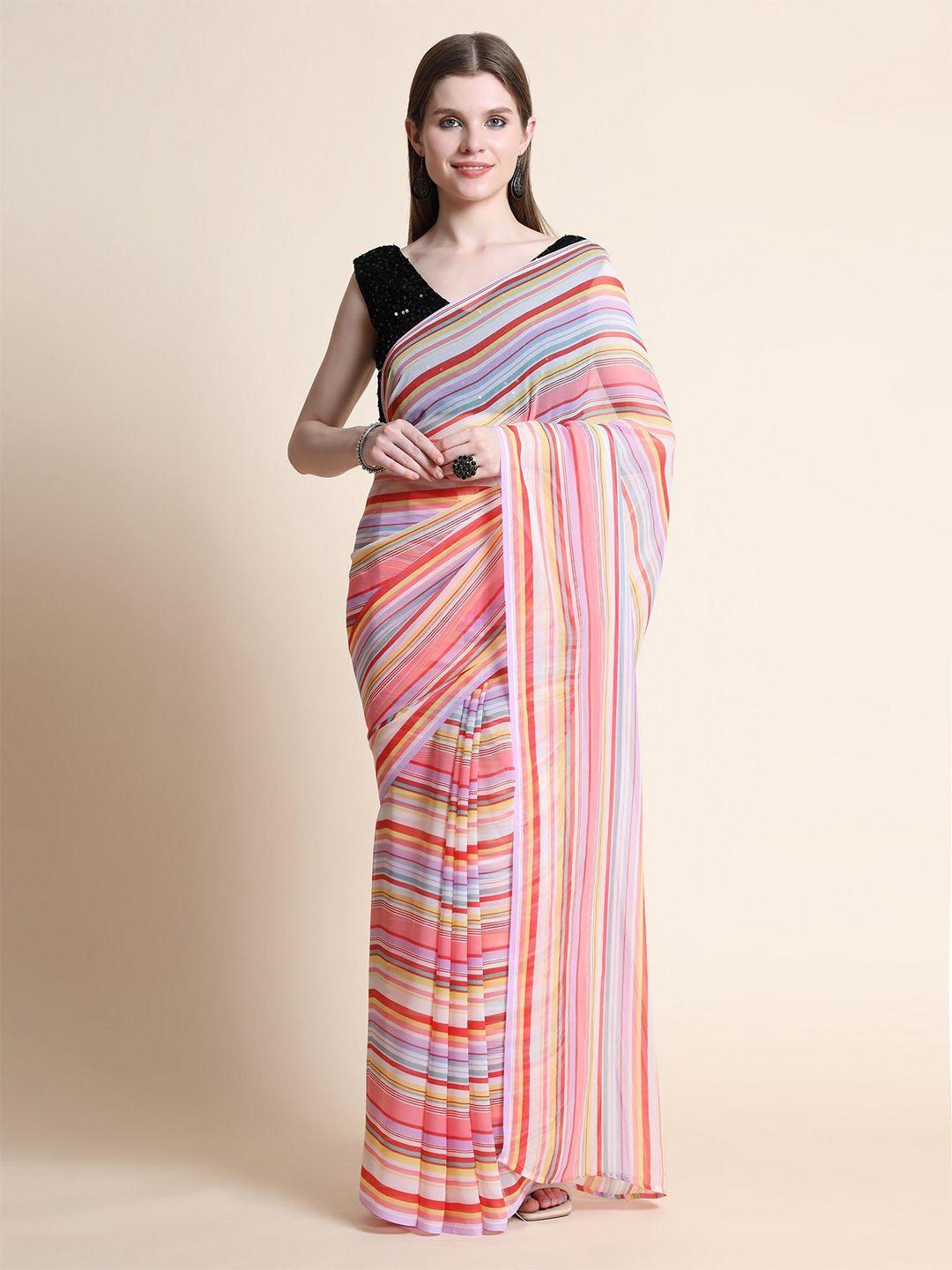 orus red & white striped pure georgette saree