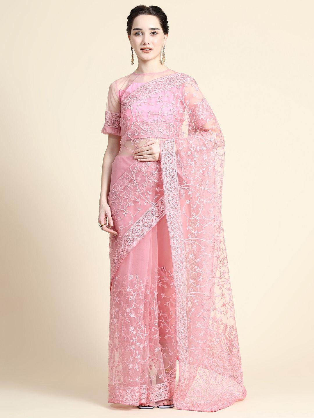 orus women pink floral embroidered net saree