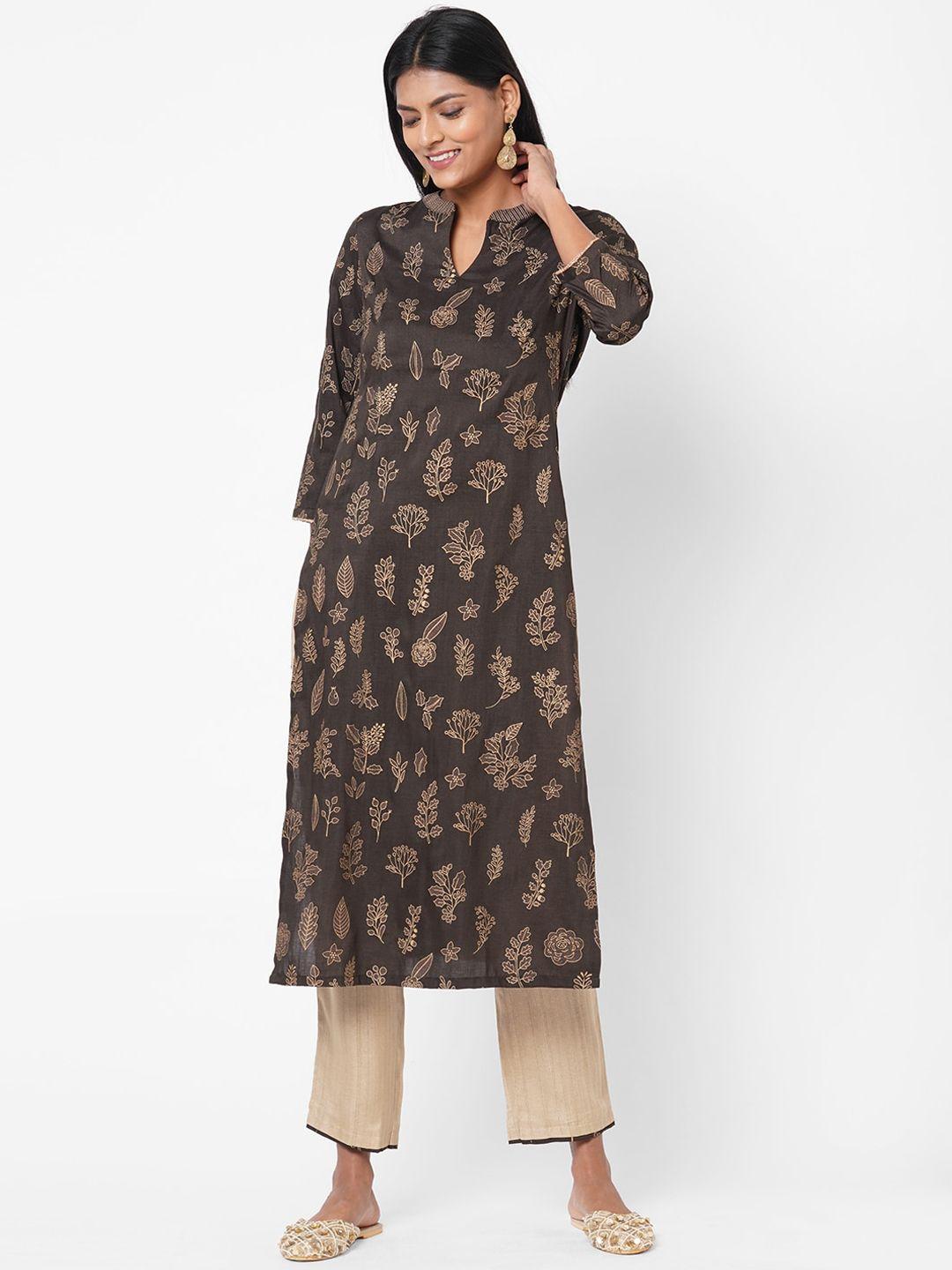 os women brown printed kurta with trousers