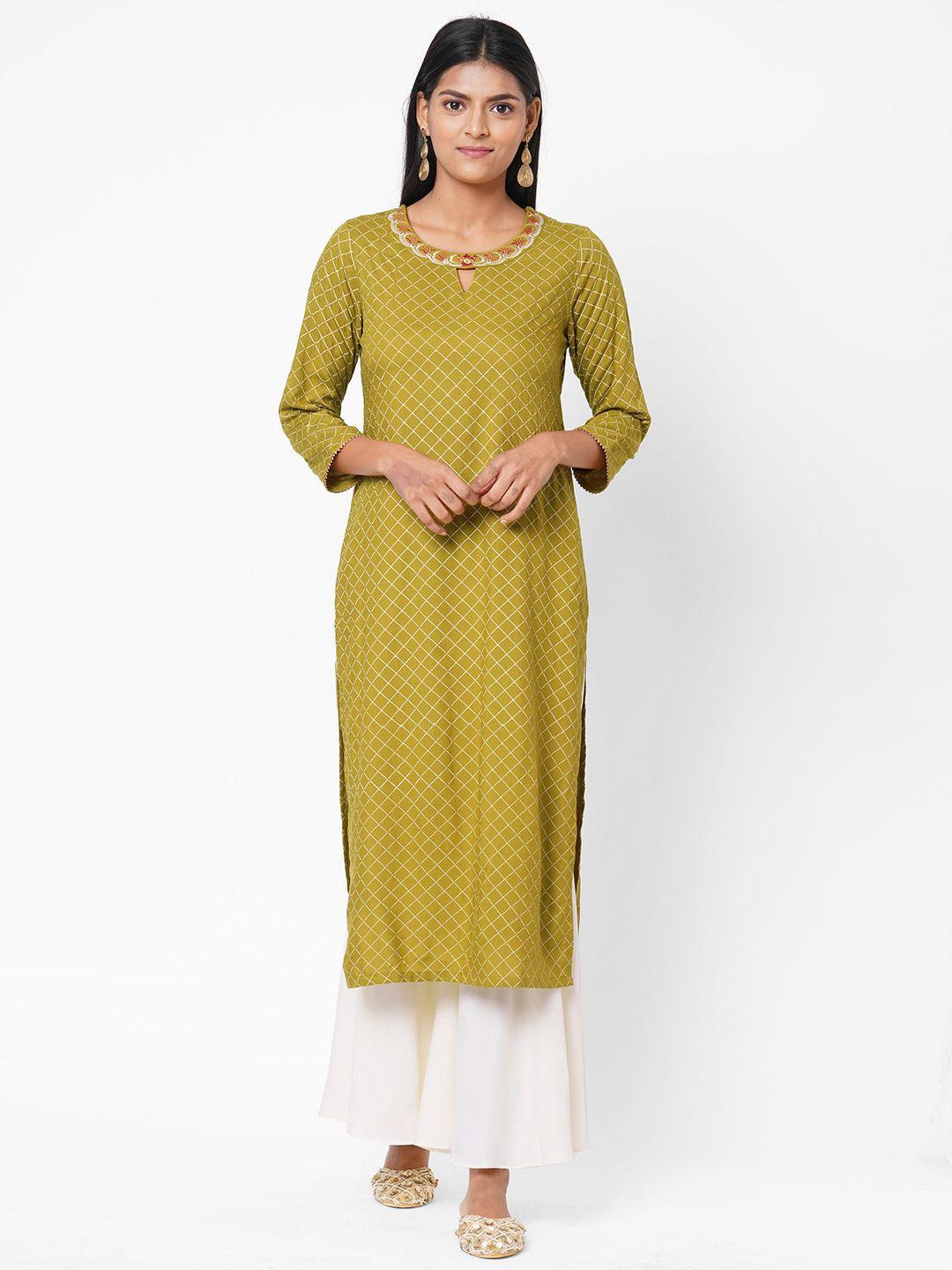 os women green & off-white printed kurta with palazzos