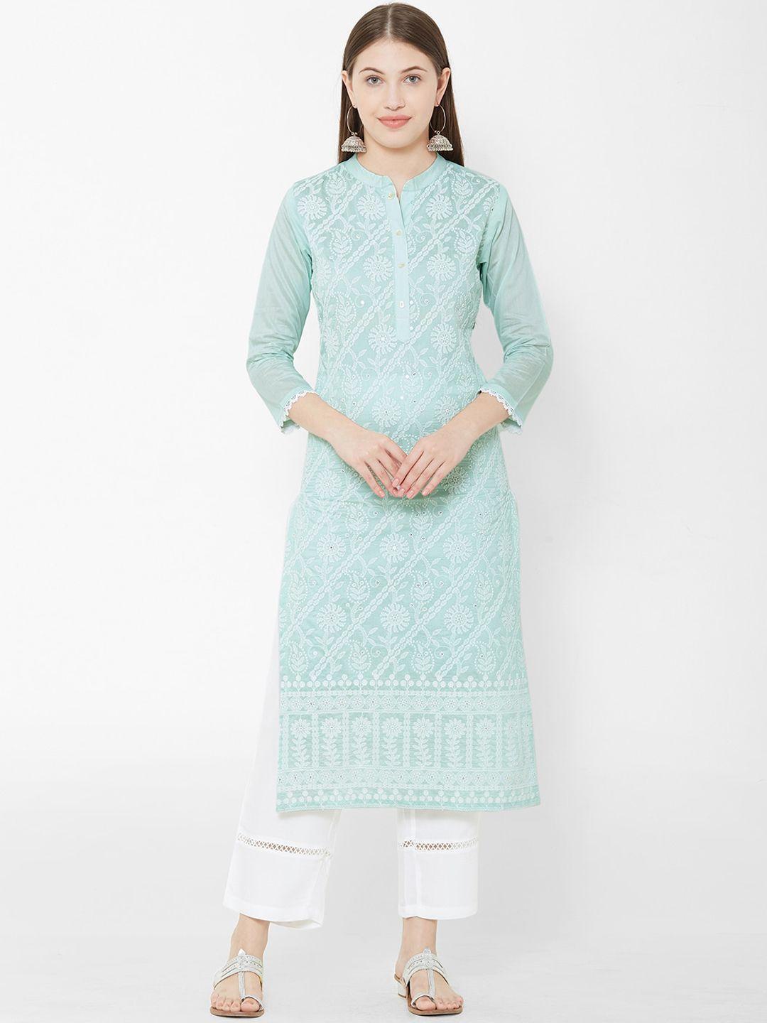 os women green & white embroidered kurta with trousers