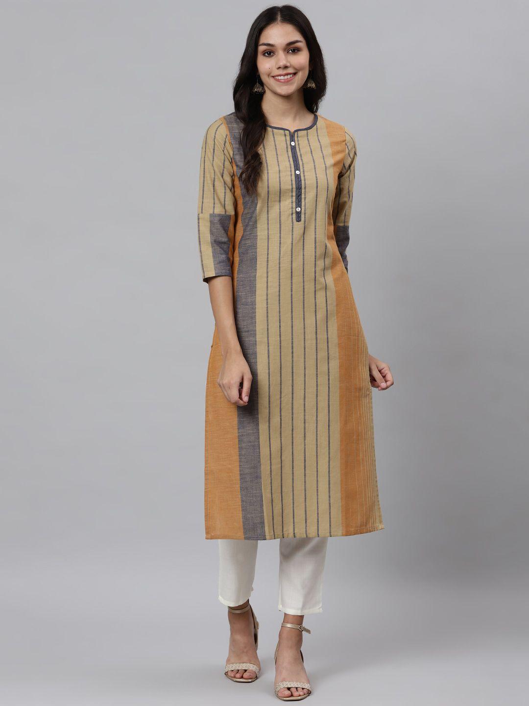 os women mustard yellow & grey striped kurta