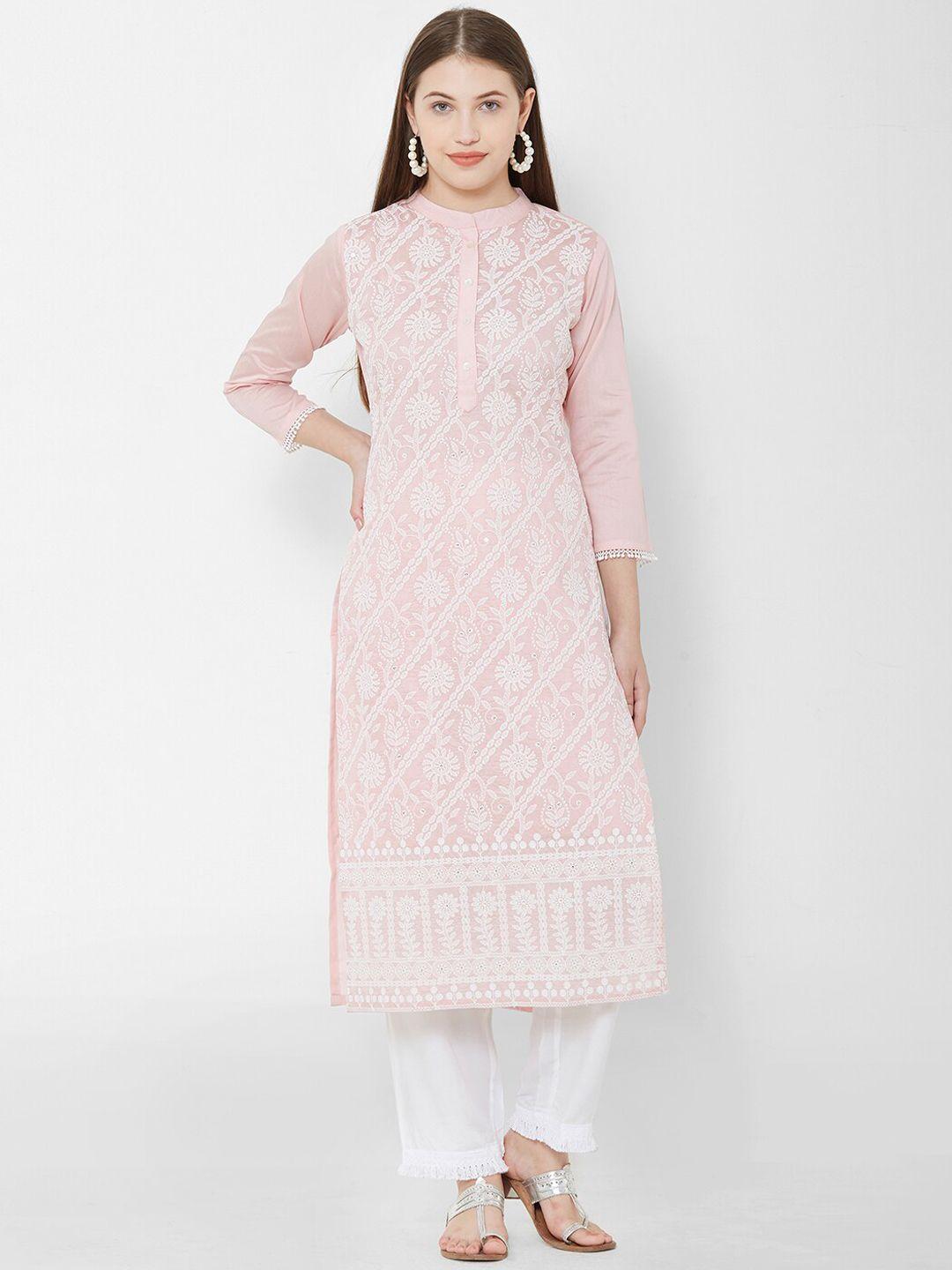 os women pink & white embroidered kurta with trousers