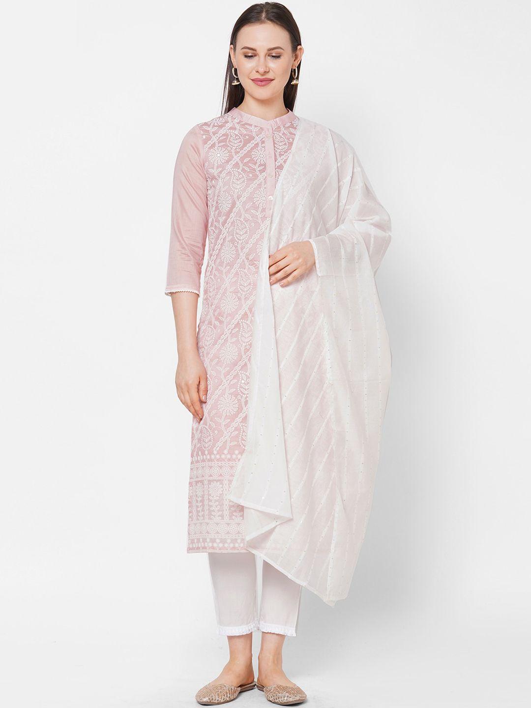 os women pink chikankari chanderi silk kurta with trousers & with dupatta