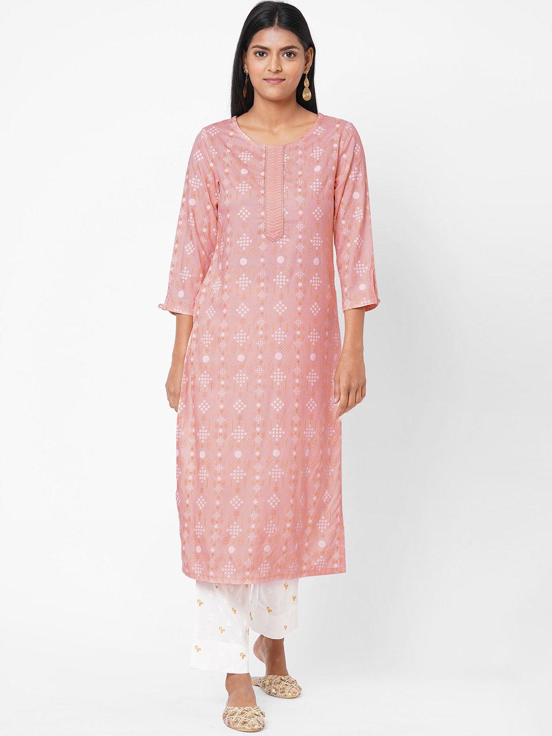 os women pink printed kurti with trousers