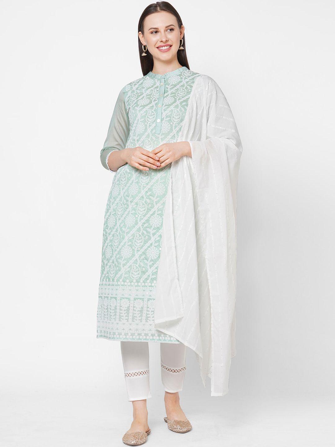 os women sea green embroidered chanderi silk kurta trousers & with dupatta set