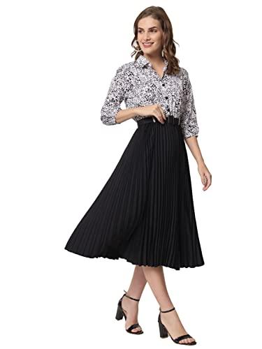 otabu women's print 3/4 sleeve pleated midi dress with belt black